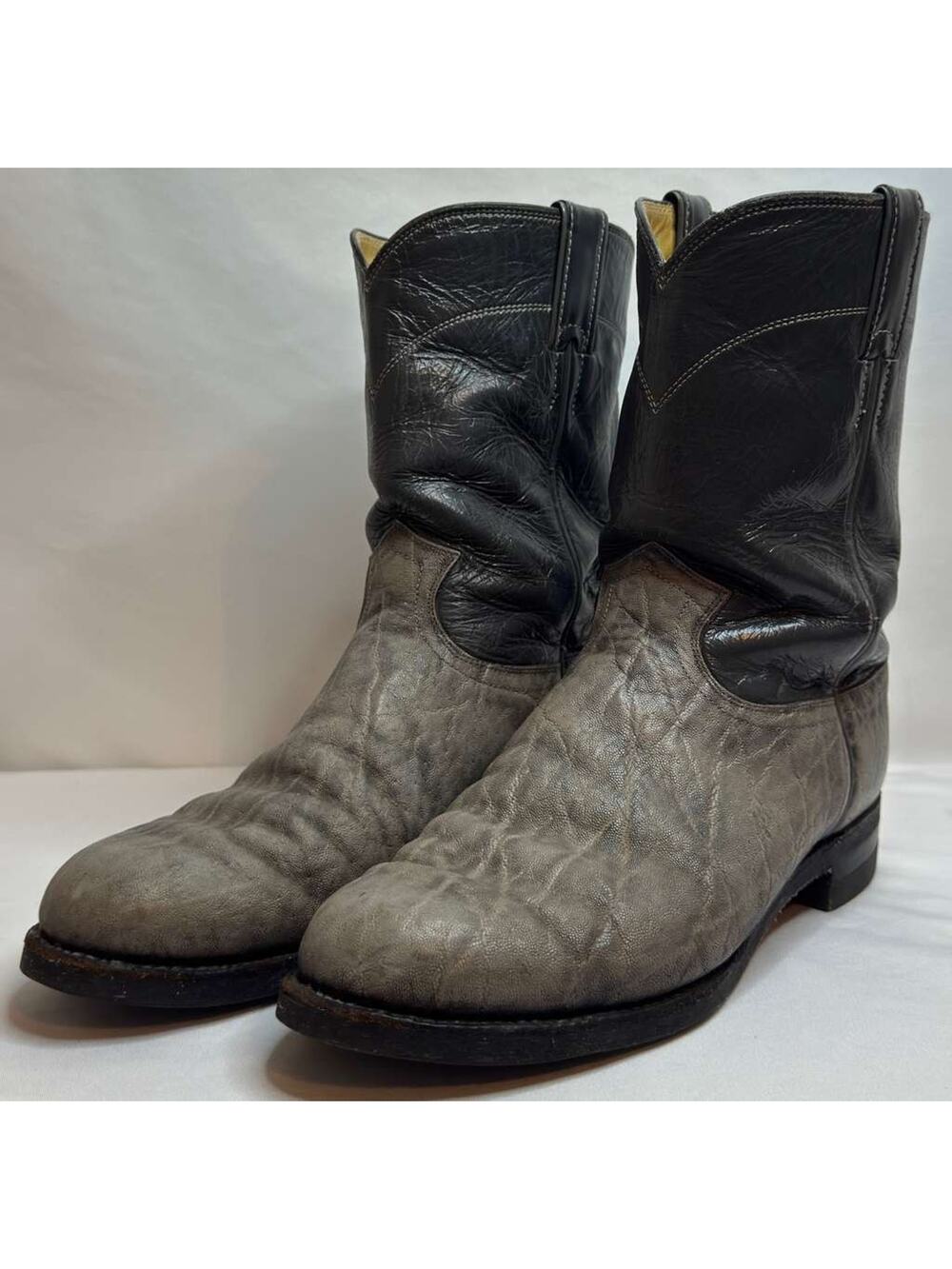 Vintage Justin 3019 Roper Cowboy Boots Mens 8D Gray Black Leather USA Made